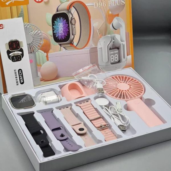 Smart Watch Set D96 Plus With Earpod, Hand Fan, Four Straps 10 in 1